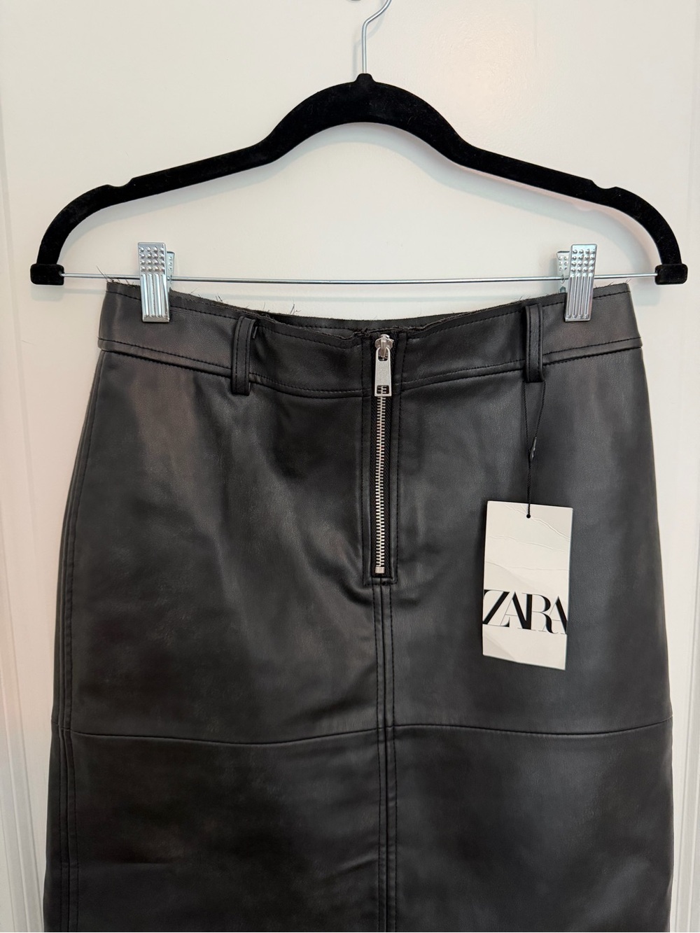 Zara Black Faux Leather Pencil Skirt with Front Zip Detail